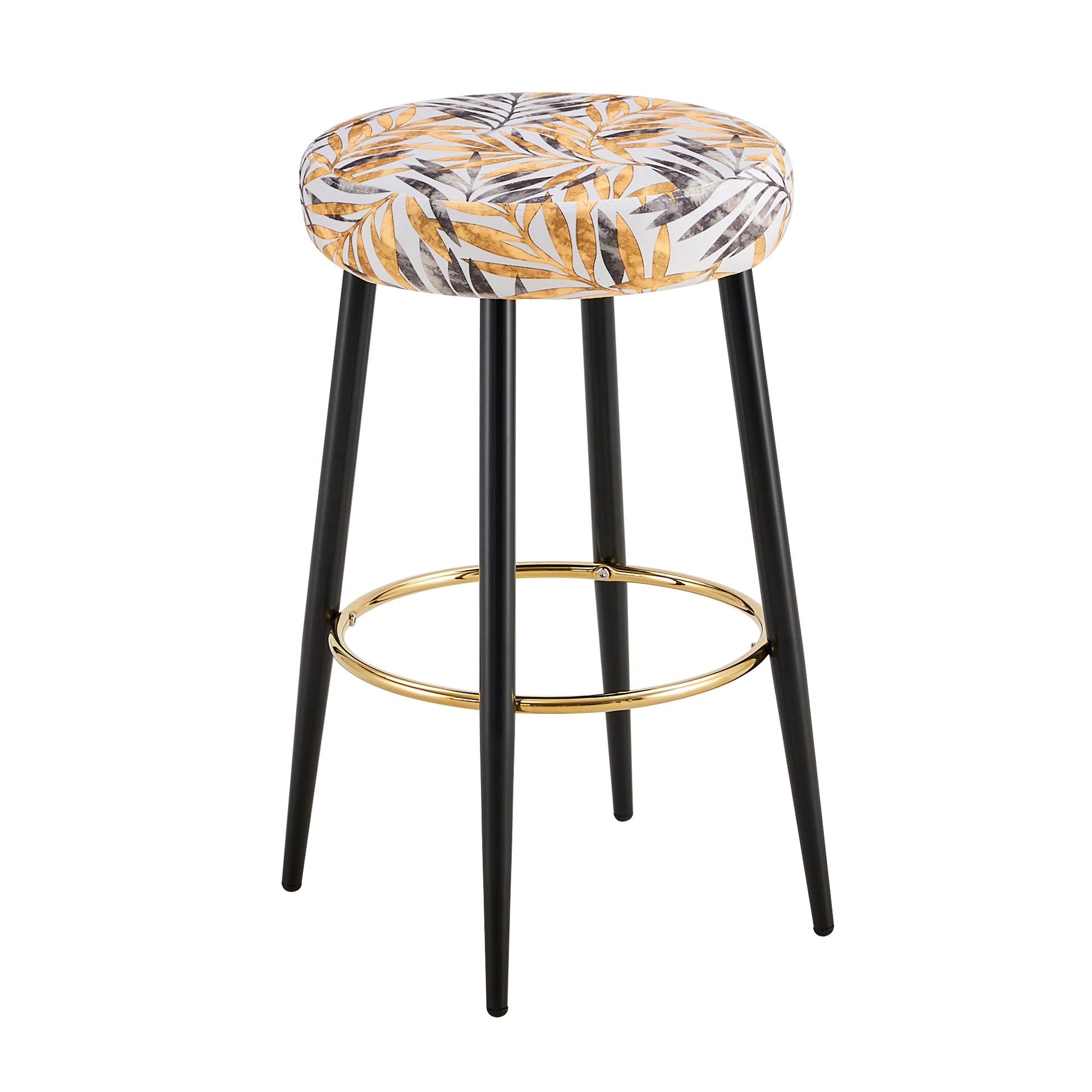Round bar stool with gold and gray leaf pattern upholstery and black legs with gold footrest ring
