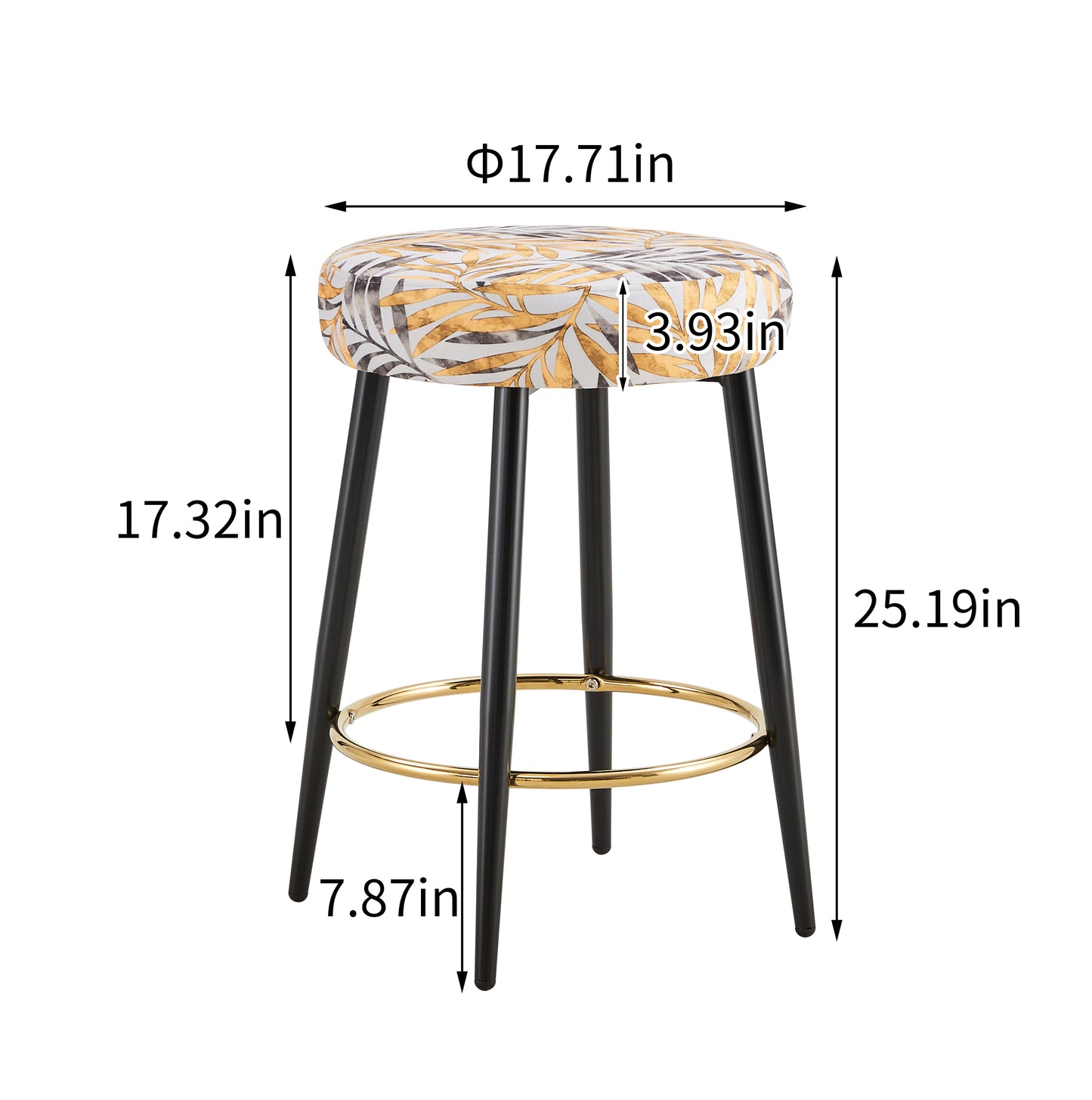 Round counter stool with floral leaf pattern upholstery and black legs in diameter