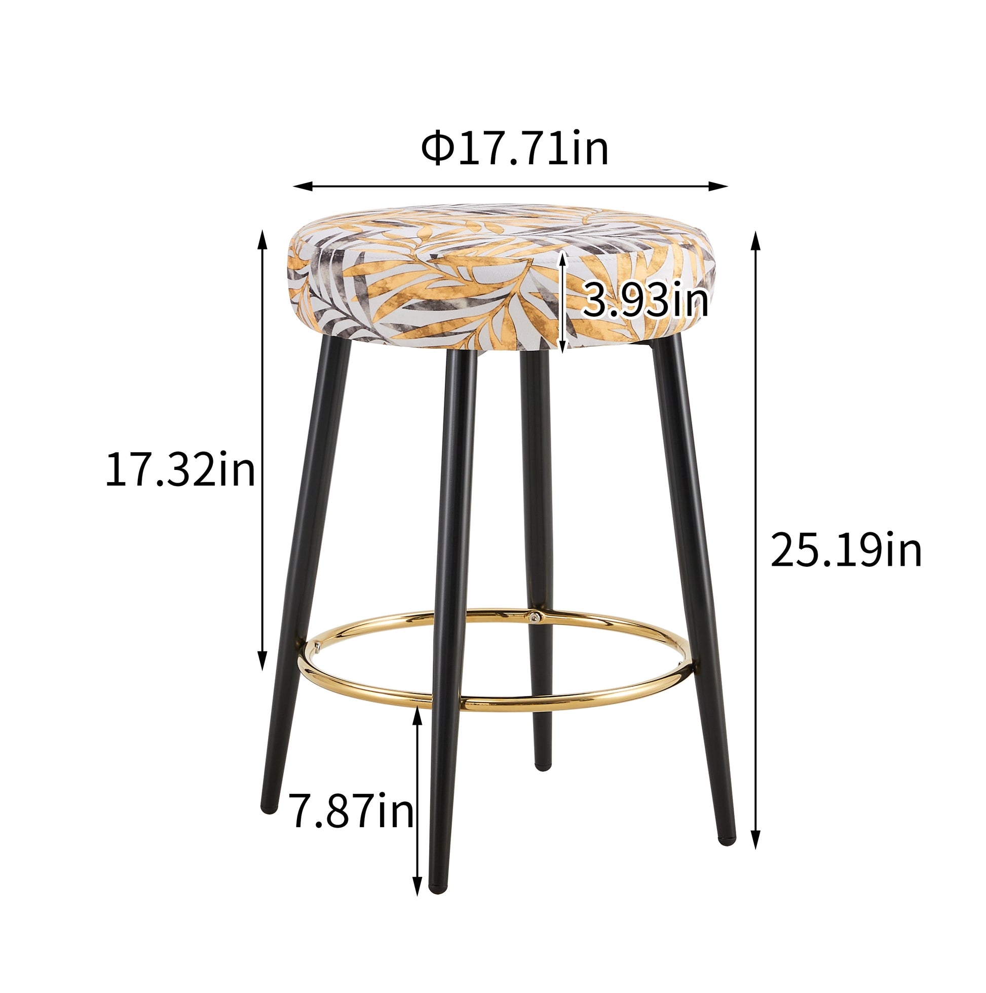 Round counter stool with floral leaf pattern upholstery and black legs in diameter