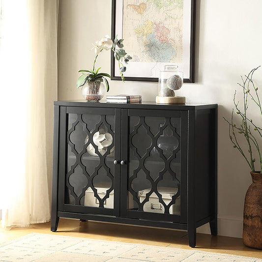 Black wooden accent cabinet with decorative glass door panels and silver knobs