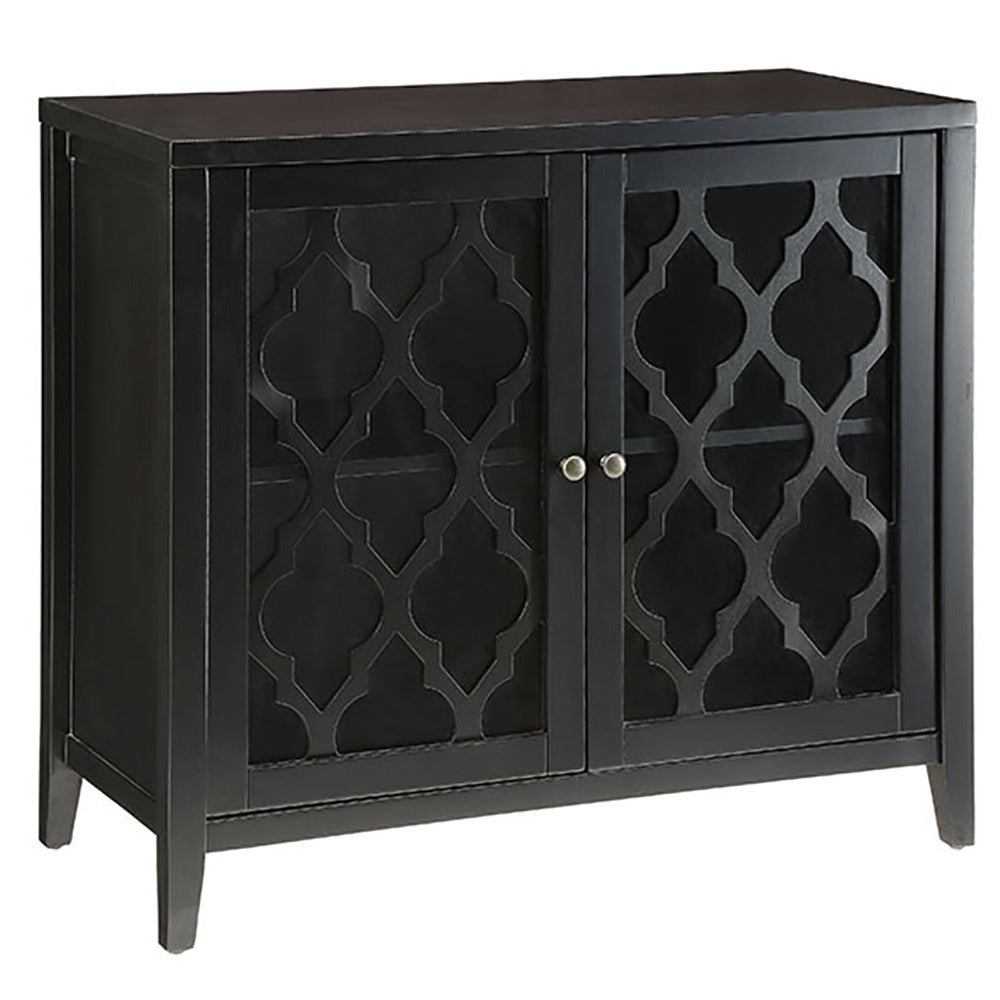 Black wood cabinet with decorative lattice doors and silver knobs ideal for entryway storage