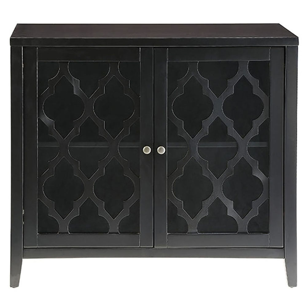 Black accent cabinet with decorative geometric door fronts and silver knobs
