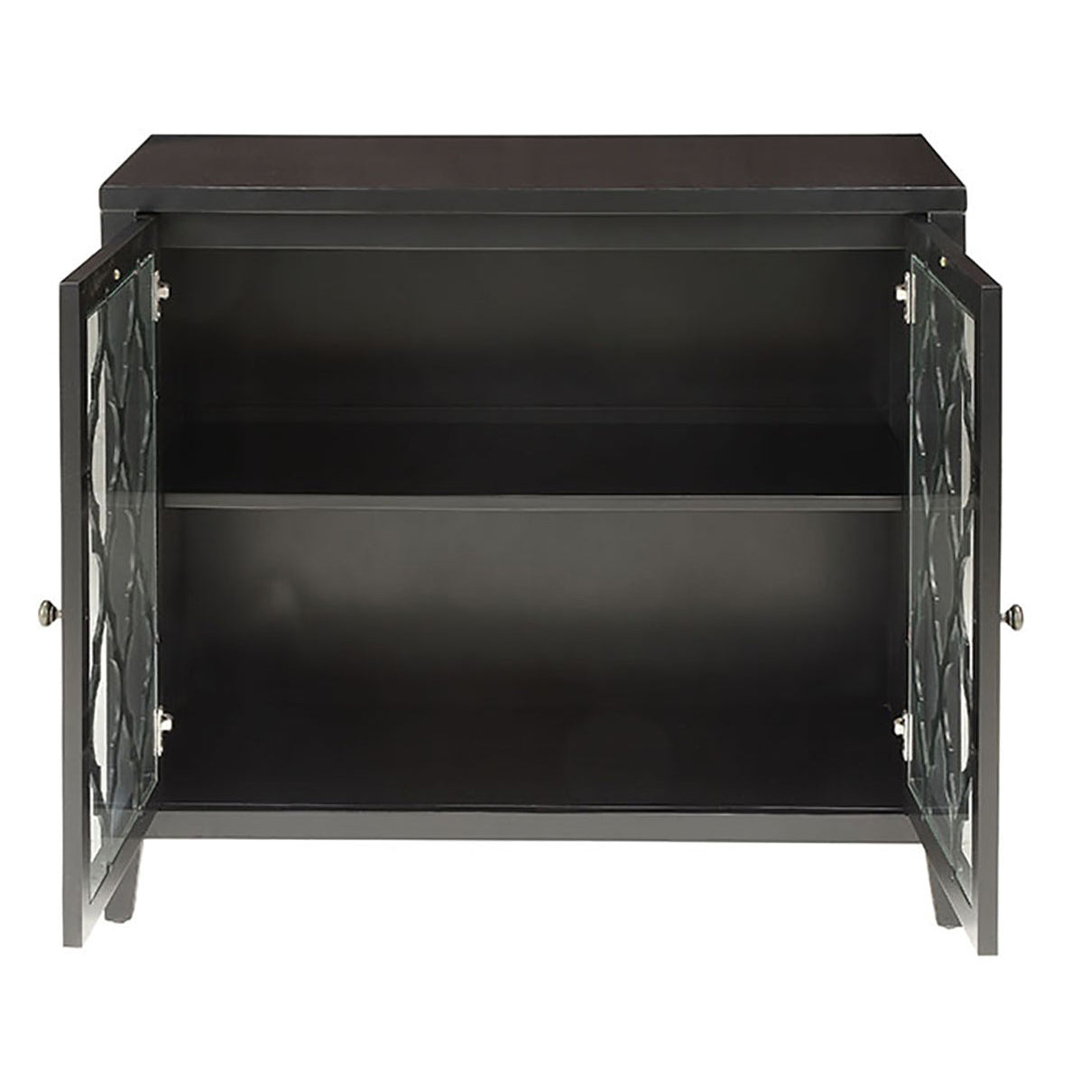 Dark wood accent cabinet with clear glass doors featuring embossed geometric pattern and silver knobs