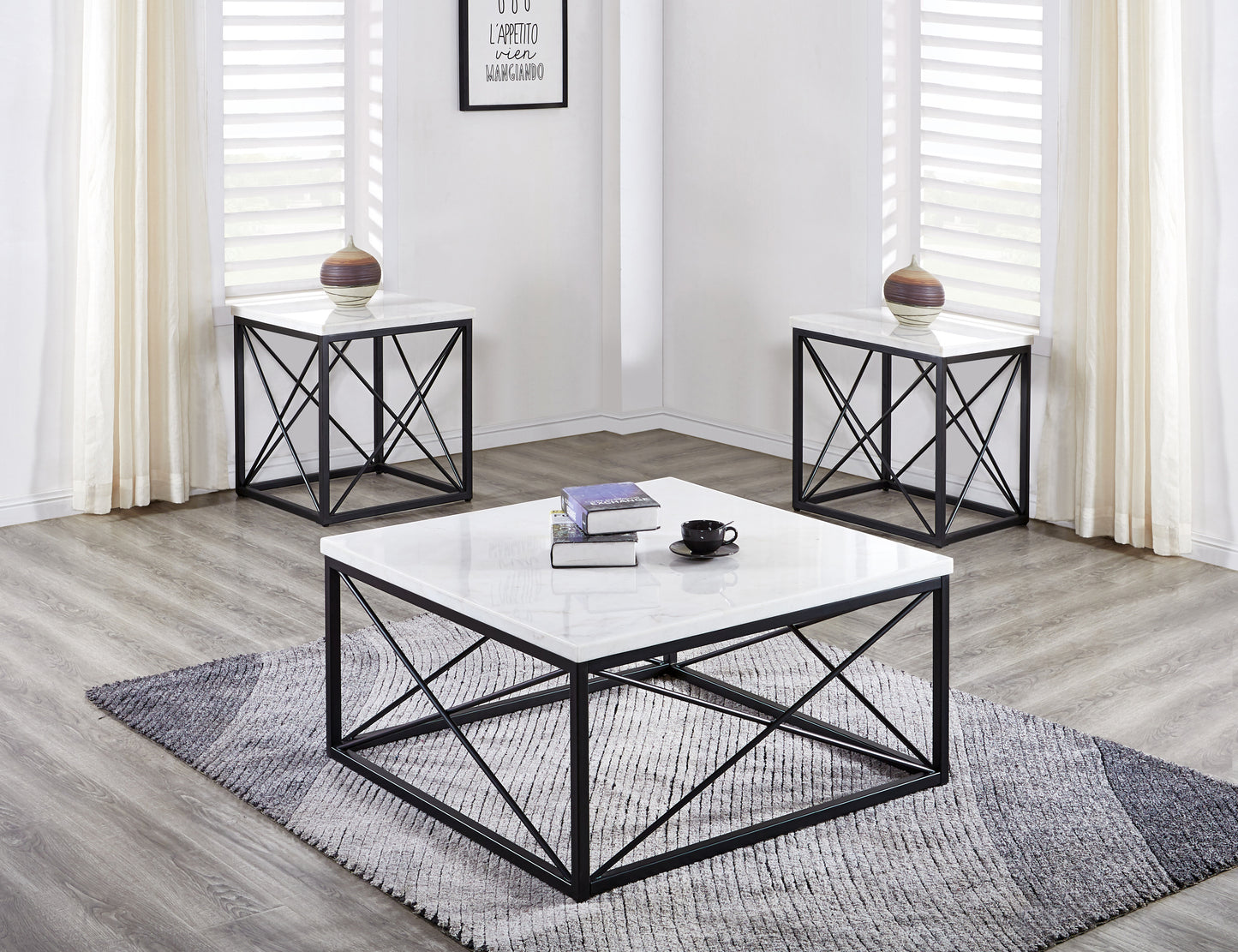 TREATLIFE HOME 3 Piece Table Set with White Marble Top and Modern Iron Base, Cocktail, End, and Sofa Tables