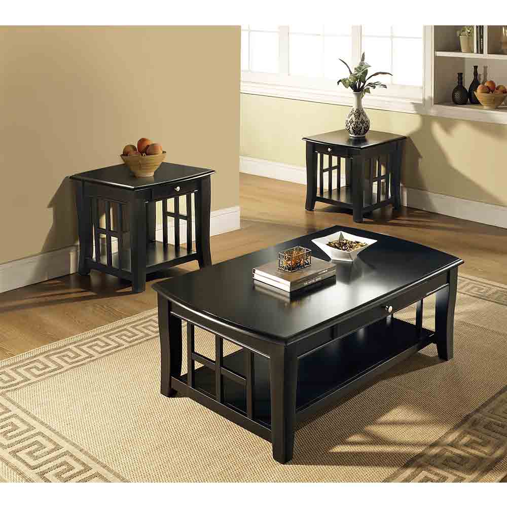 TREATLIFE HOME 3 Piece Table Set Constructed of Hardwood Solids with Lattice Sides and Brushed Nickel Hardware, Black