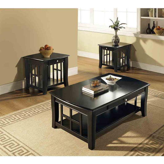 TREATLIFE HOME 3 Piece Table Set Constructed of Hardwood Solids with Lattice Sides and Brushed Nickel Hardware, Black