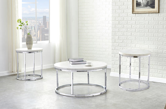 TREATLIFE HOME 3 Piece Table Set with White Marble Tops and Chrome Finished Metal Base, Soft Contemporary Design