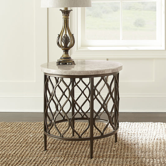 TREATLIFE HOME End Table with Stone Top and Designer Fretwork Base, White with Bronze Base Accent