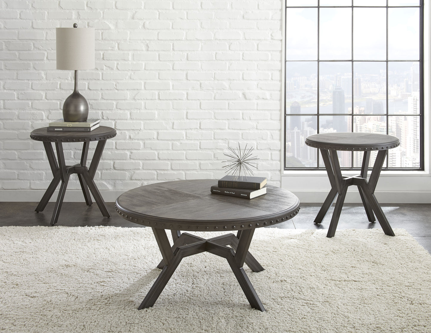 TREATLIFE HOME 3 Piece Table Set with Paulownia Veneers and Metal Bases, Modern Architectural Design, Gray Finish
