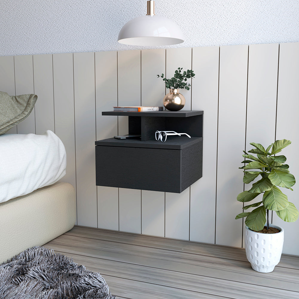 Modern grey floating nightstand with drawer and shelf