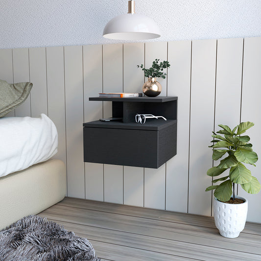 Modern grey floating nightstand with drawer and shelf