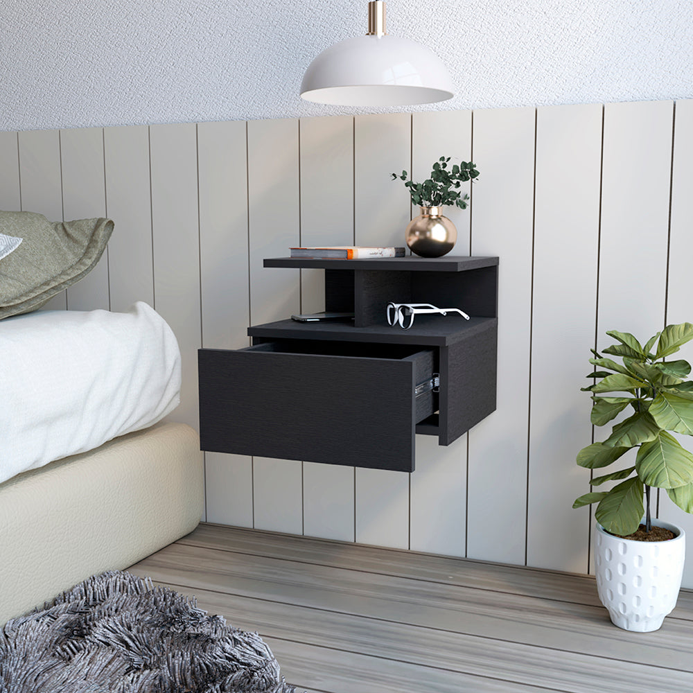 Modern black floating nightstand with open drawer and top shelf