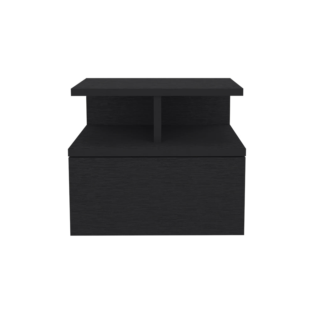 Modern black wooden nightstand with one drawer and open shelving