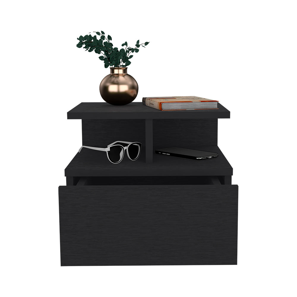 Black wood nightstand with drawer