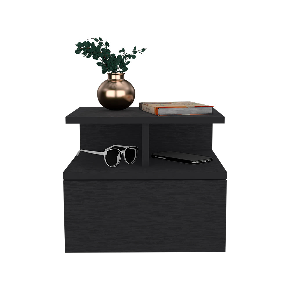 Black wood grain bedside table with open shelf holding white sunglasses and a black smartphone