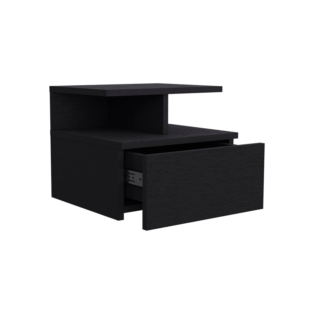 Modern black bedside table with open drawer and shelf