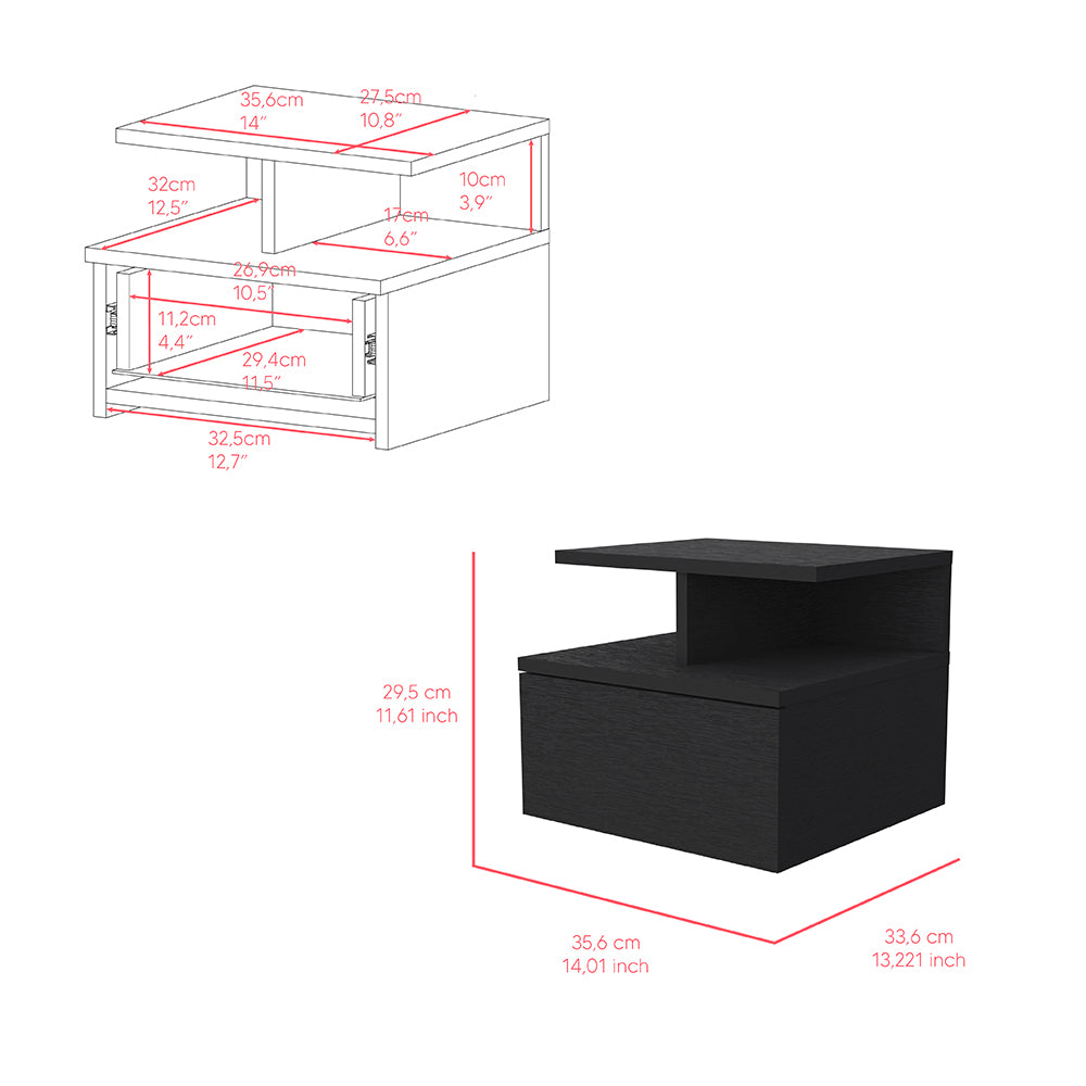 Black wooden bedside table with open shelf and drawer