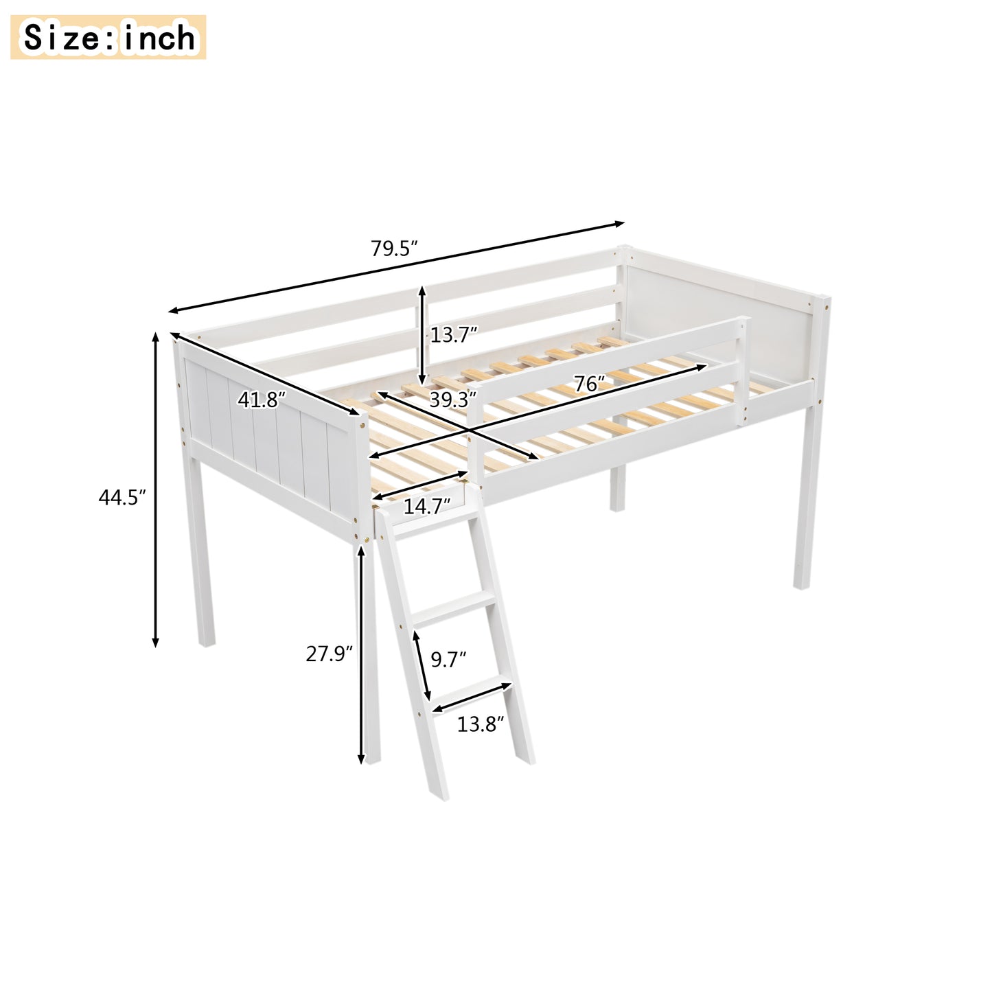 White wooden loft bed with ladder showcasing dimensions and safety rails for kids rooms