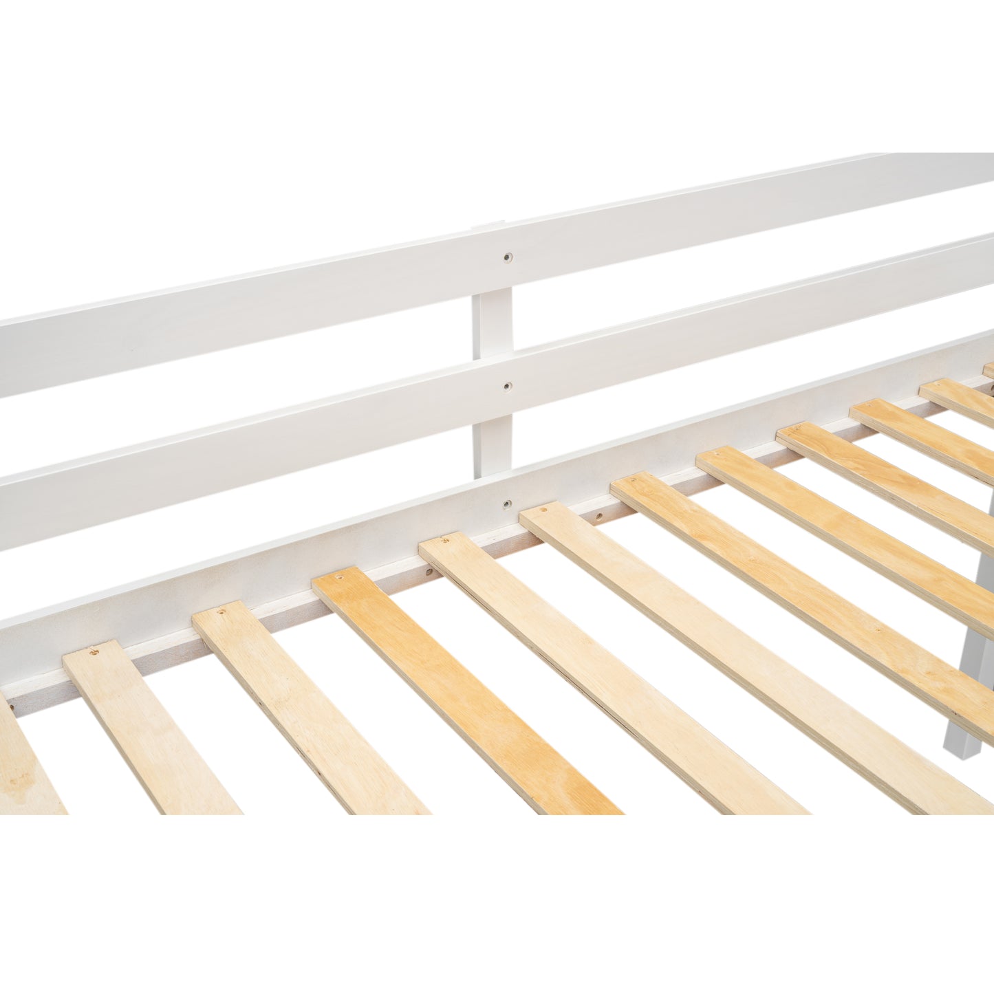 White wooden bed frame with natural wood slats showing sturdy construction for bedroom furniture