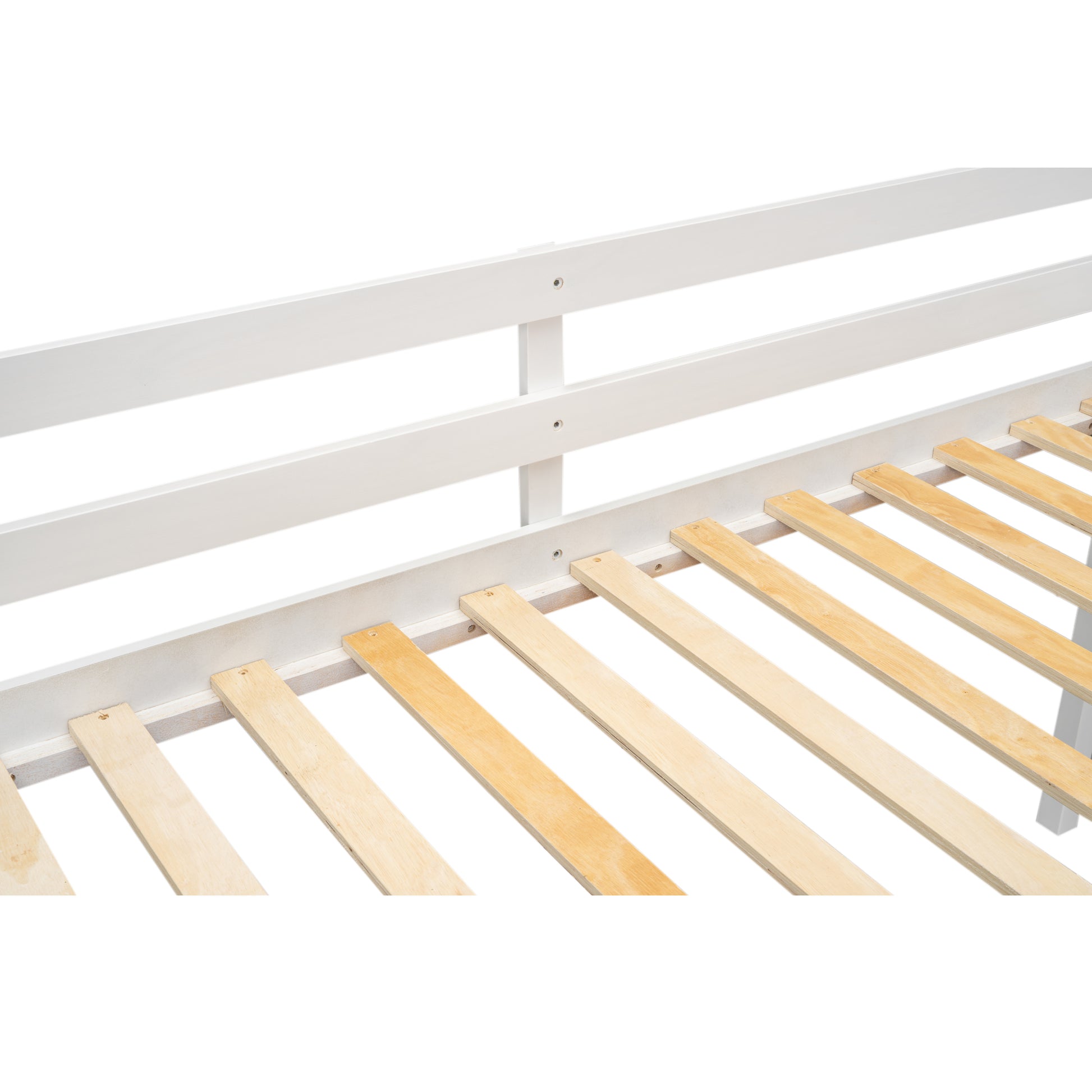 White wooden bed frame with natural wood slats showing sturdy construction for bedroom furniture
