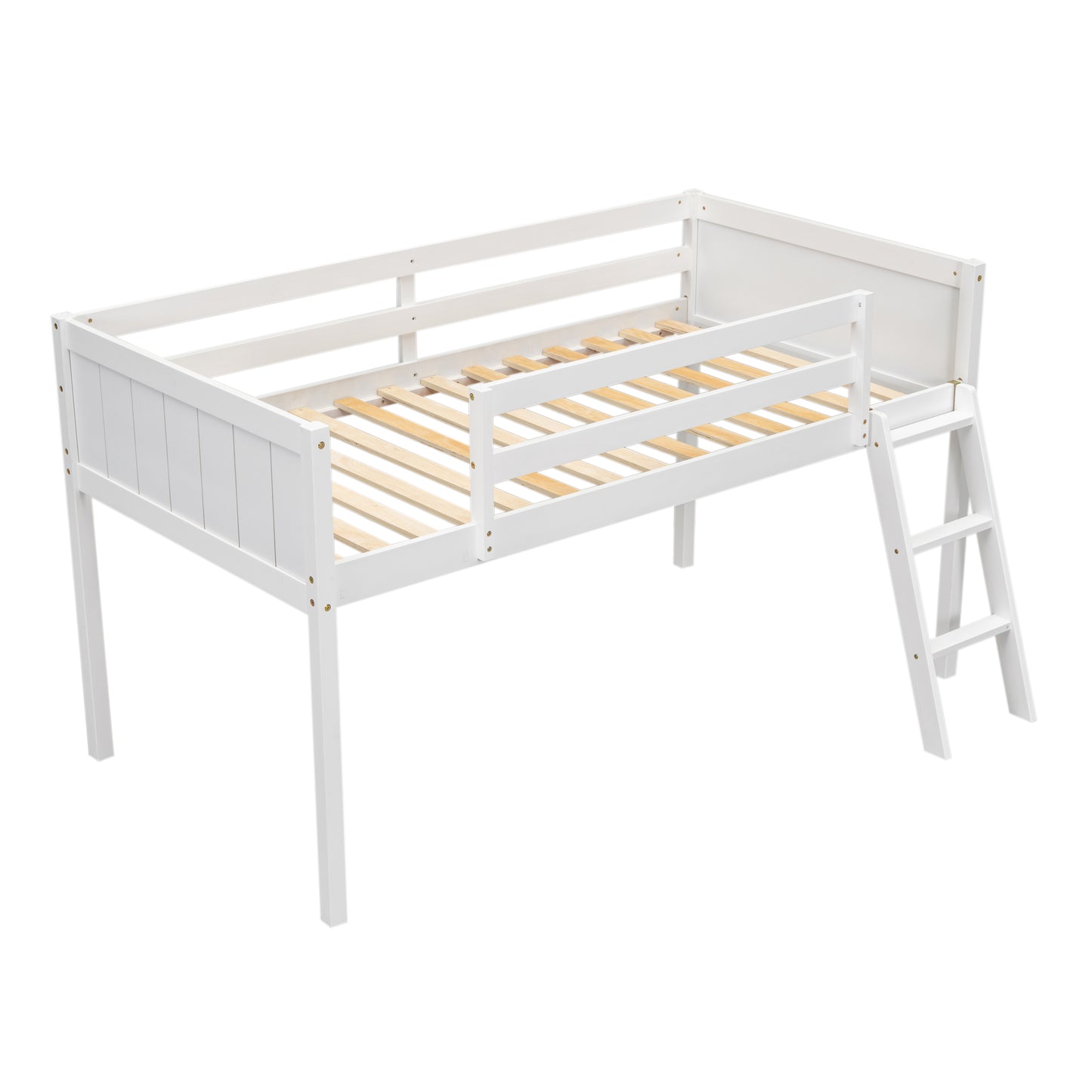 White wooden loft bed frame with ladder and safety rails