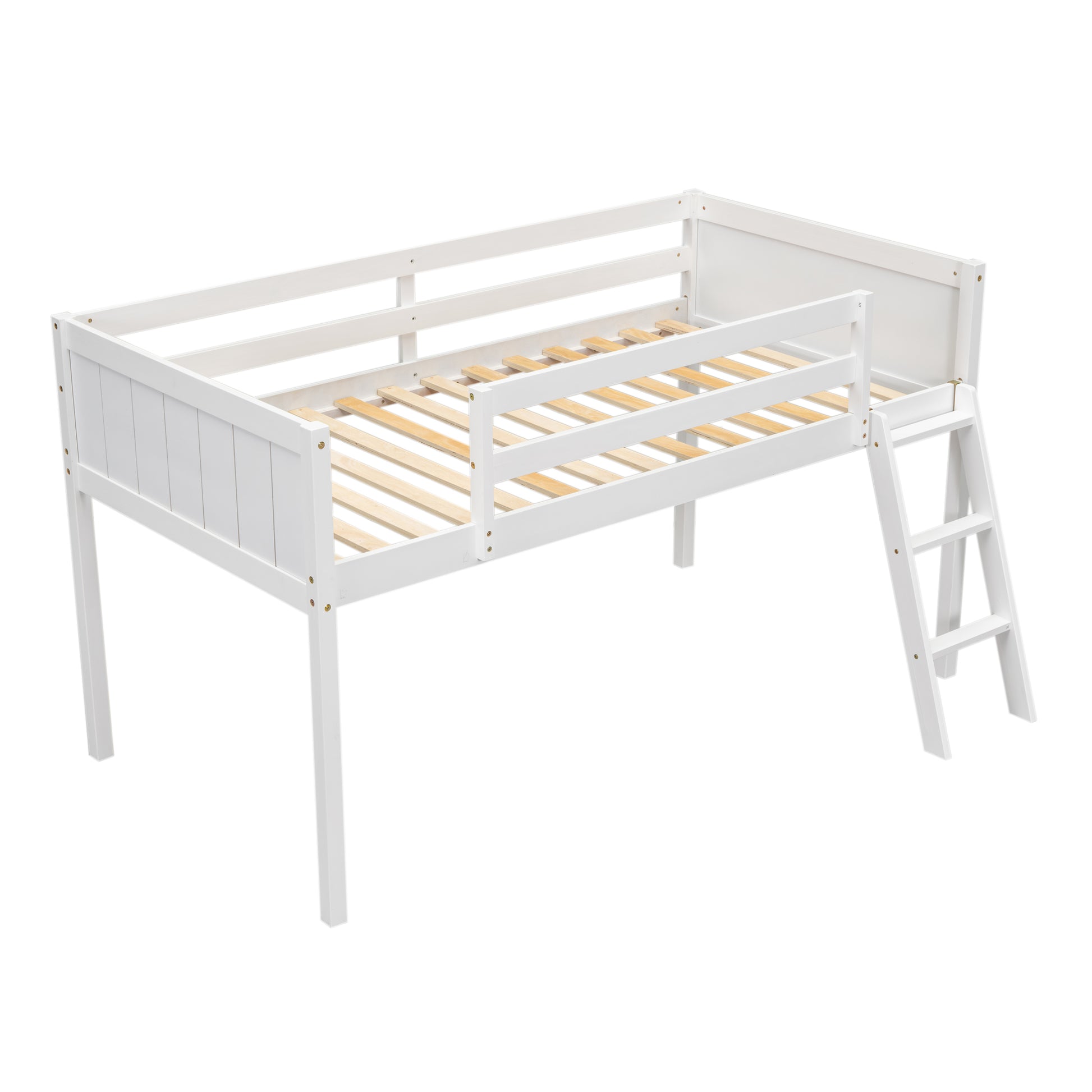 White wooden loft bed frame with ladder and safety rails