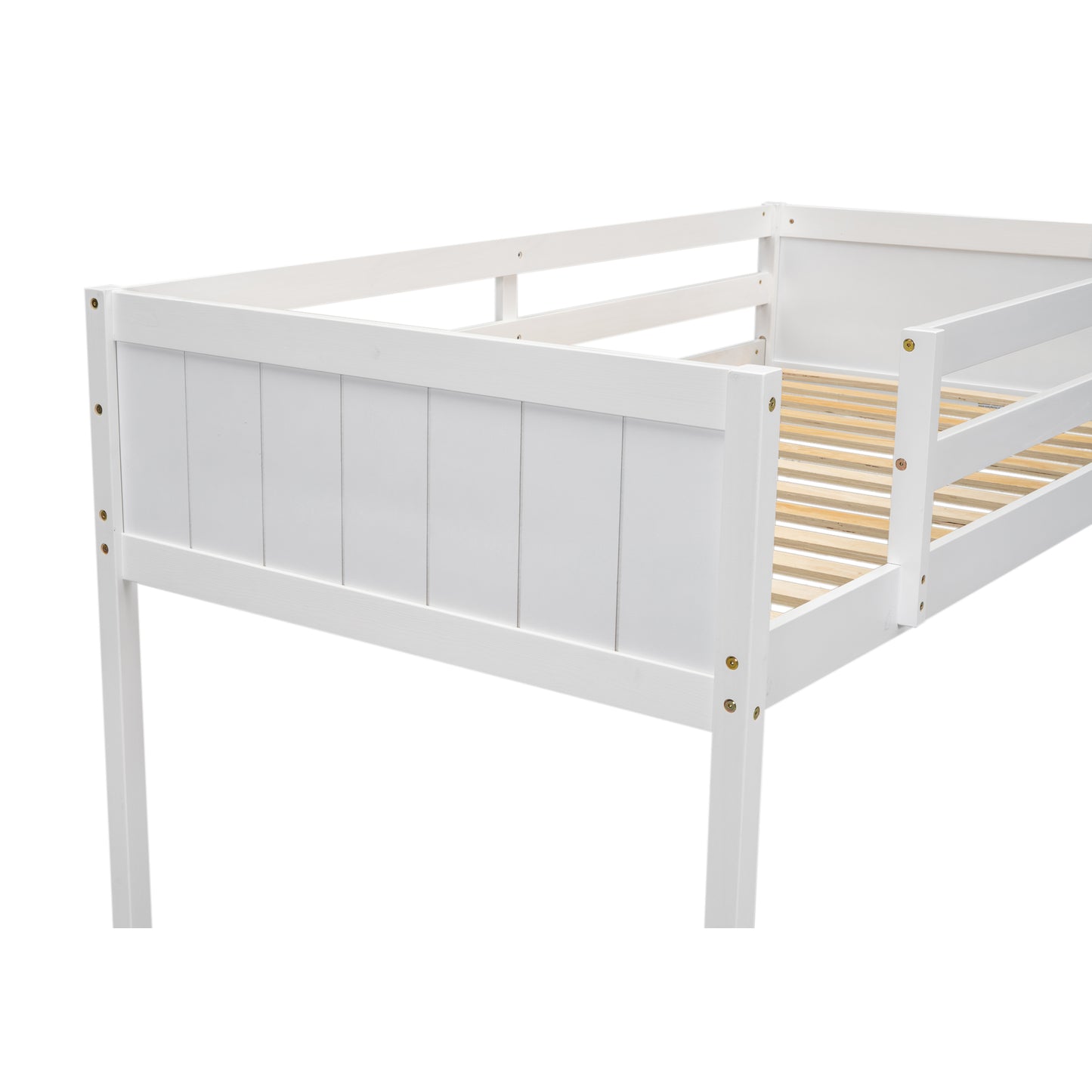 White wooden toddler bed frame with slatted base and protective rails