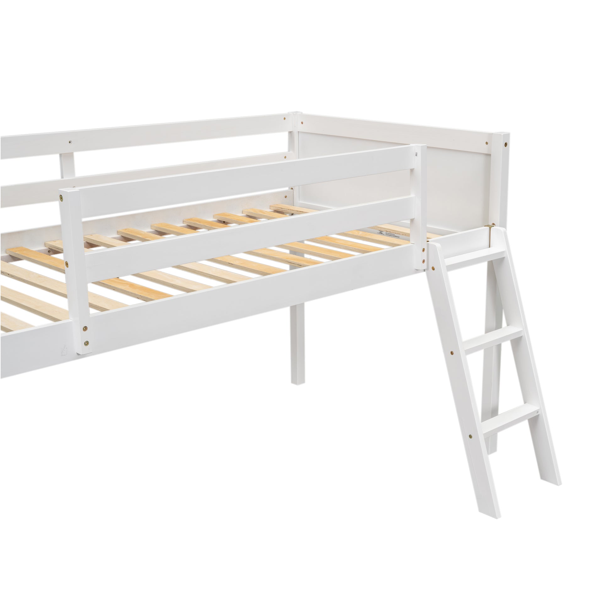 White wooden loft bed frame with ladder