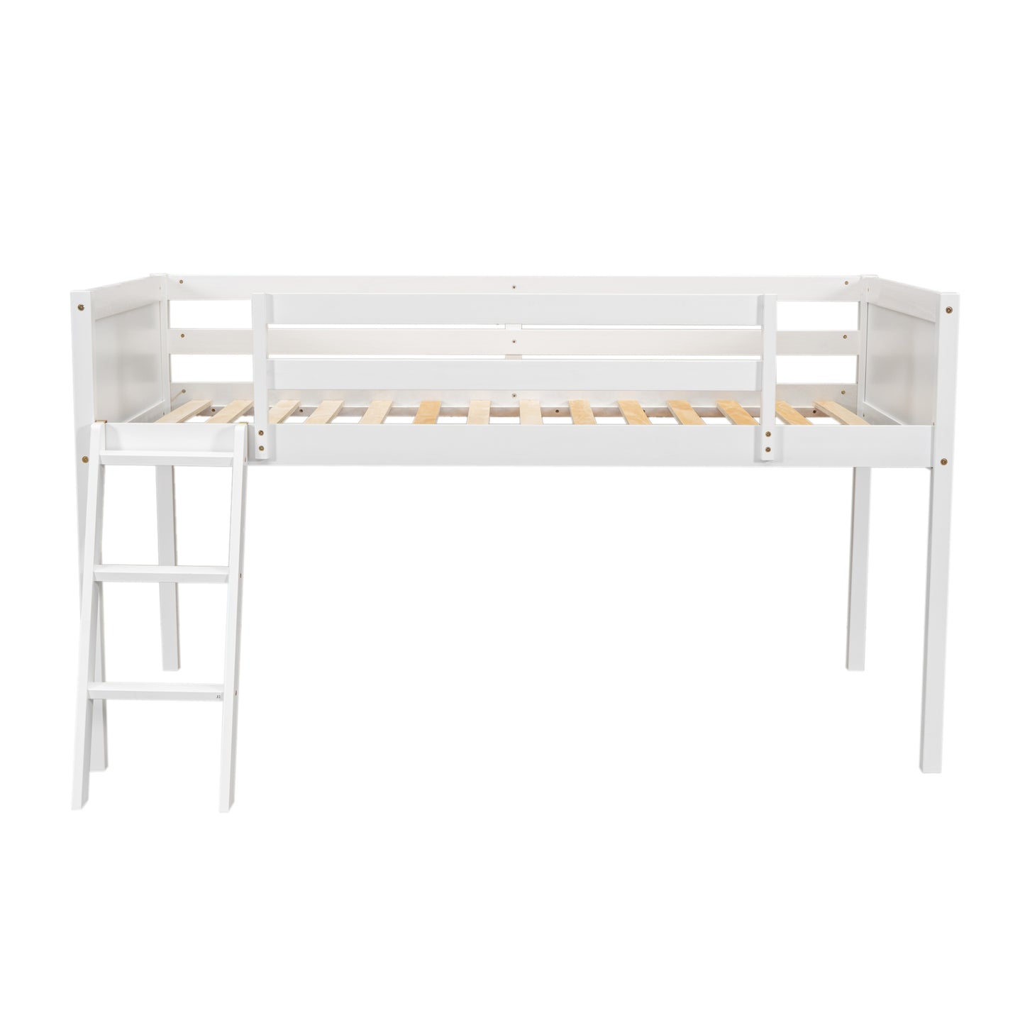 White wooden loft bed with ladder