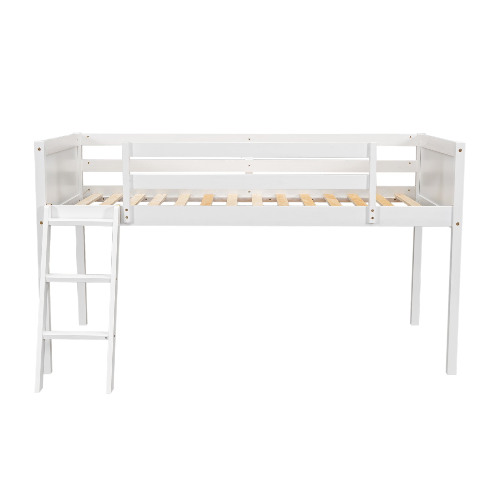 White wooden loft bed with ladder