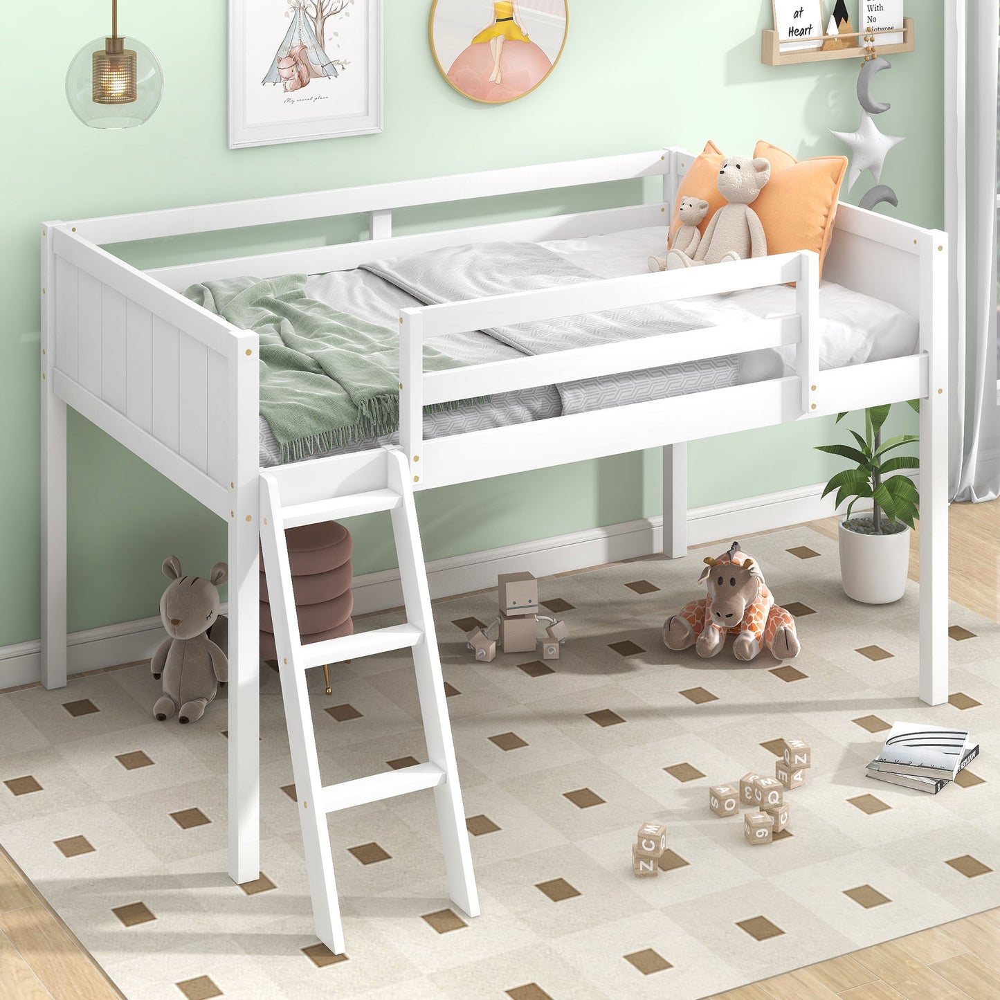 TREATLIFE HOME Twin Size Wood Low Loft Bed with Convertible Ladder, Durable Design, White