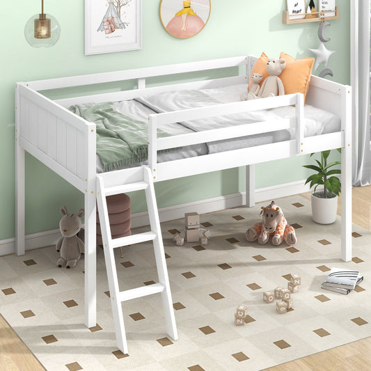 TREATLIFE HOME Twin Size Wood Low Loft Bed with Convertible Ladder, Durable Design, White