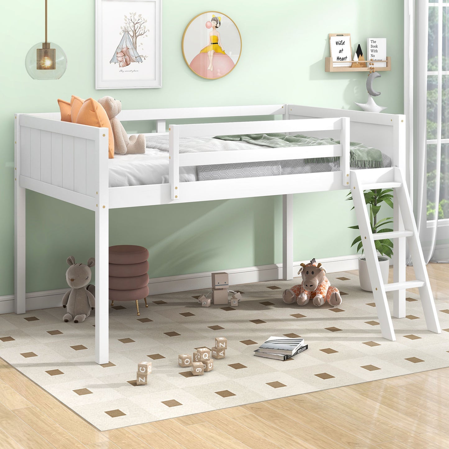 White wooden loft bed with guardrails ladder and stuffed animals in a childs room