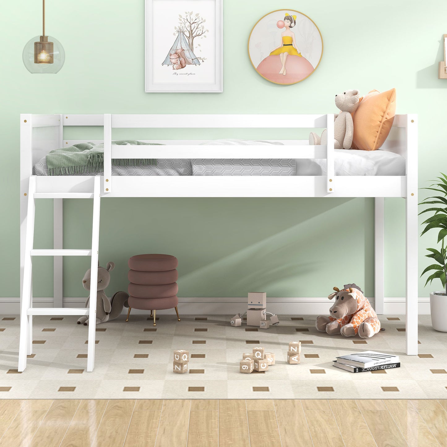 White wooden loft bed with ladder and green bedding