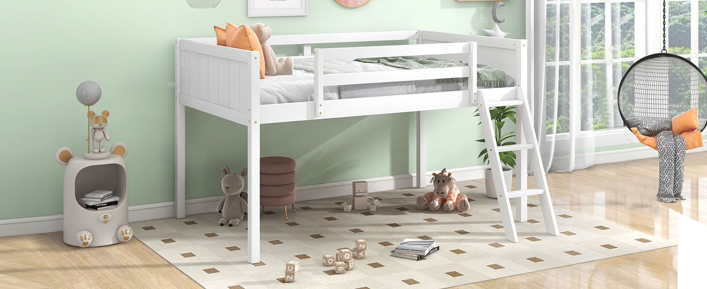 White wooden loft bed with ladder for kids room