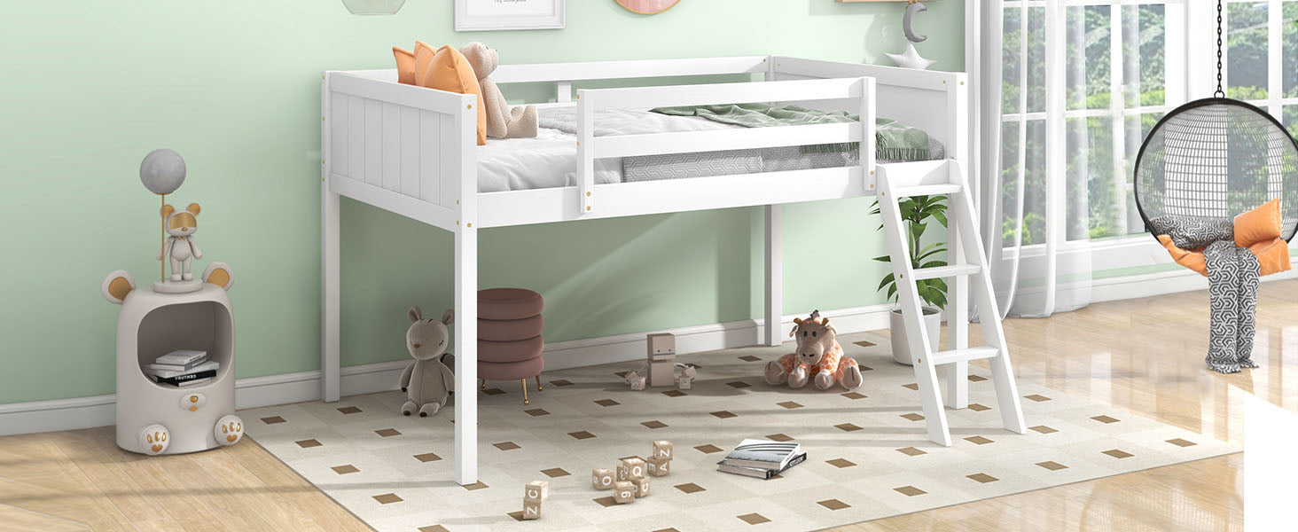 White wooden loft bed with ladder for kids room