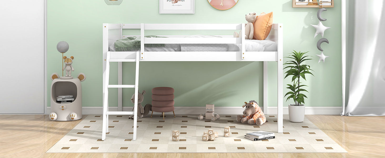 White loft bed with ladder for kids room