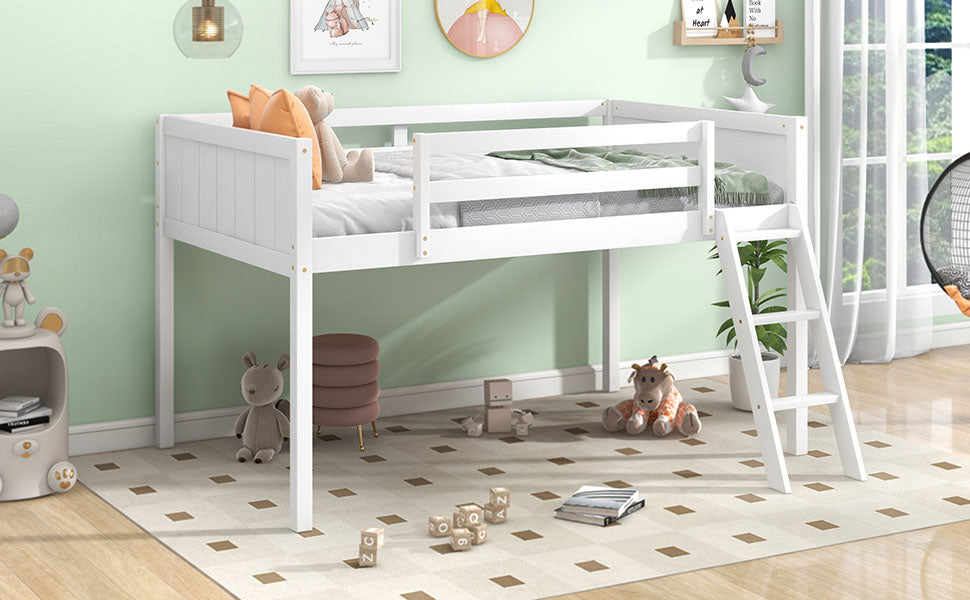 White wooden loft bed with ladder for kids