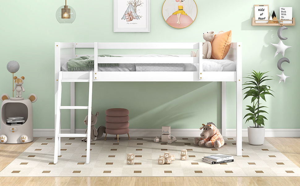White wooden loft bed with ladder and green bedding