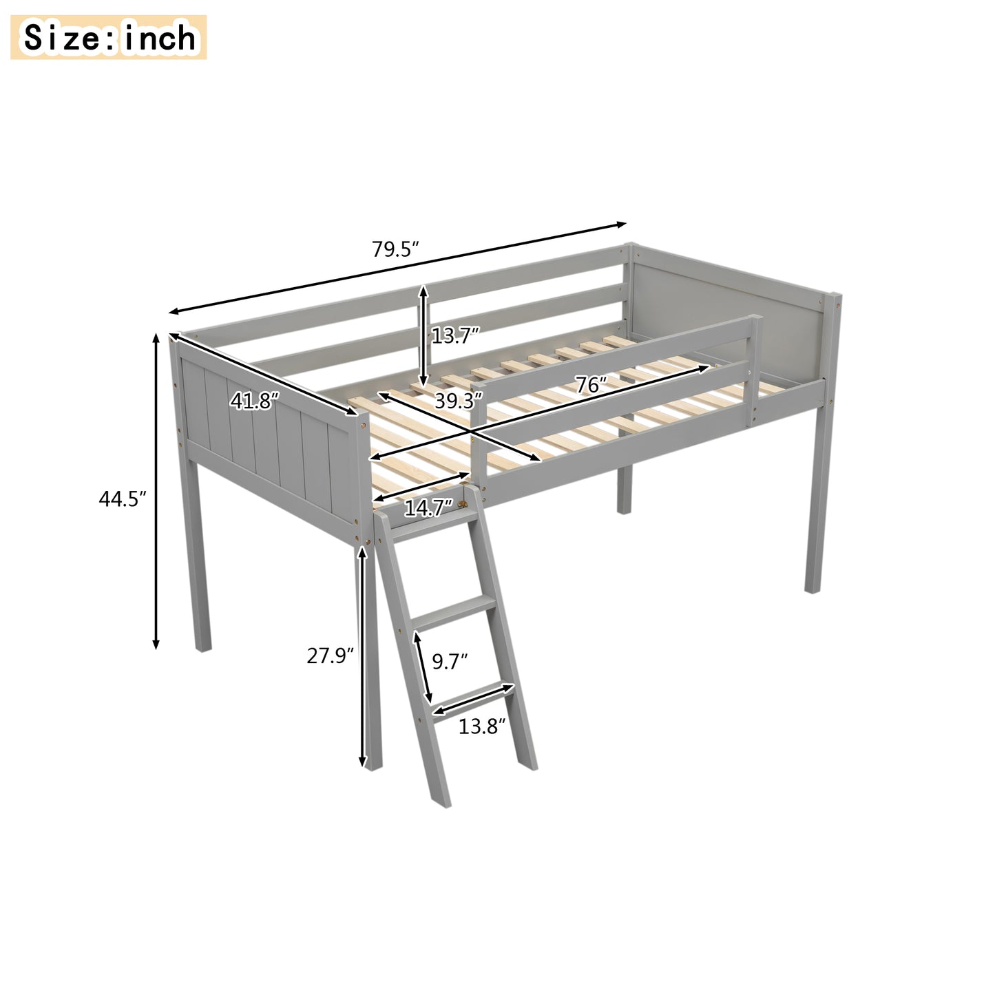 Gray wooden loft bed with integrated ladder