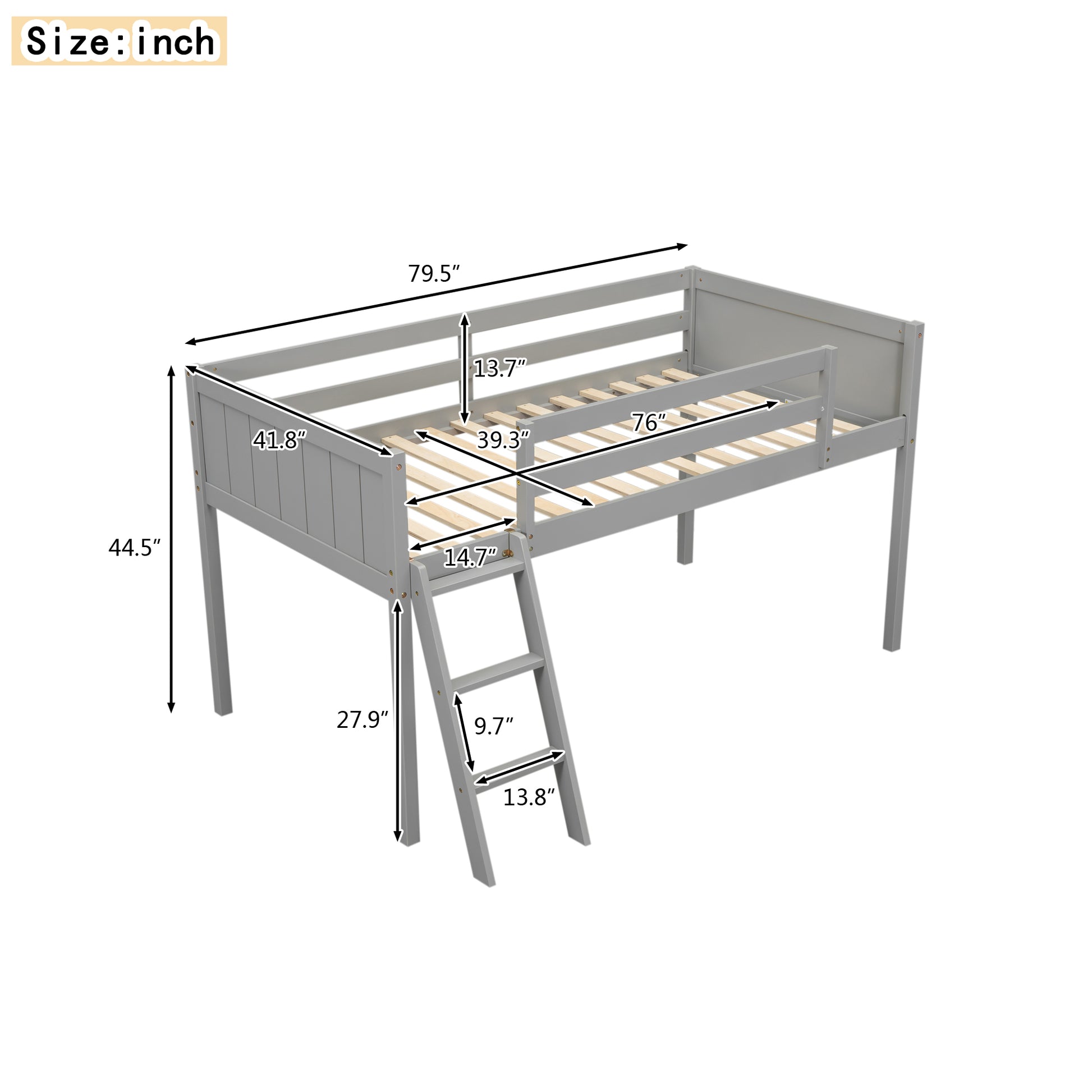 Gray wooden loft bed with integrated ladder