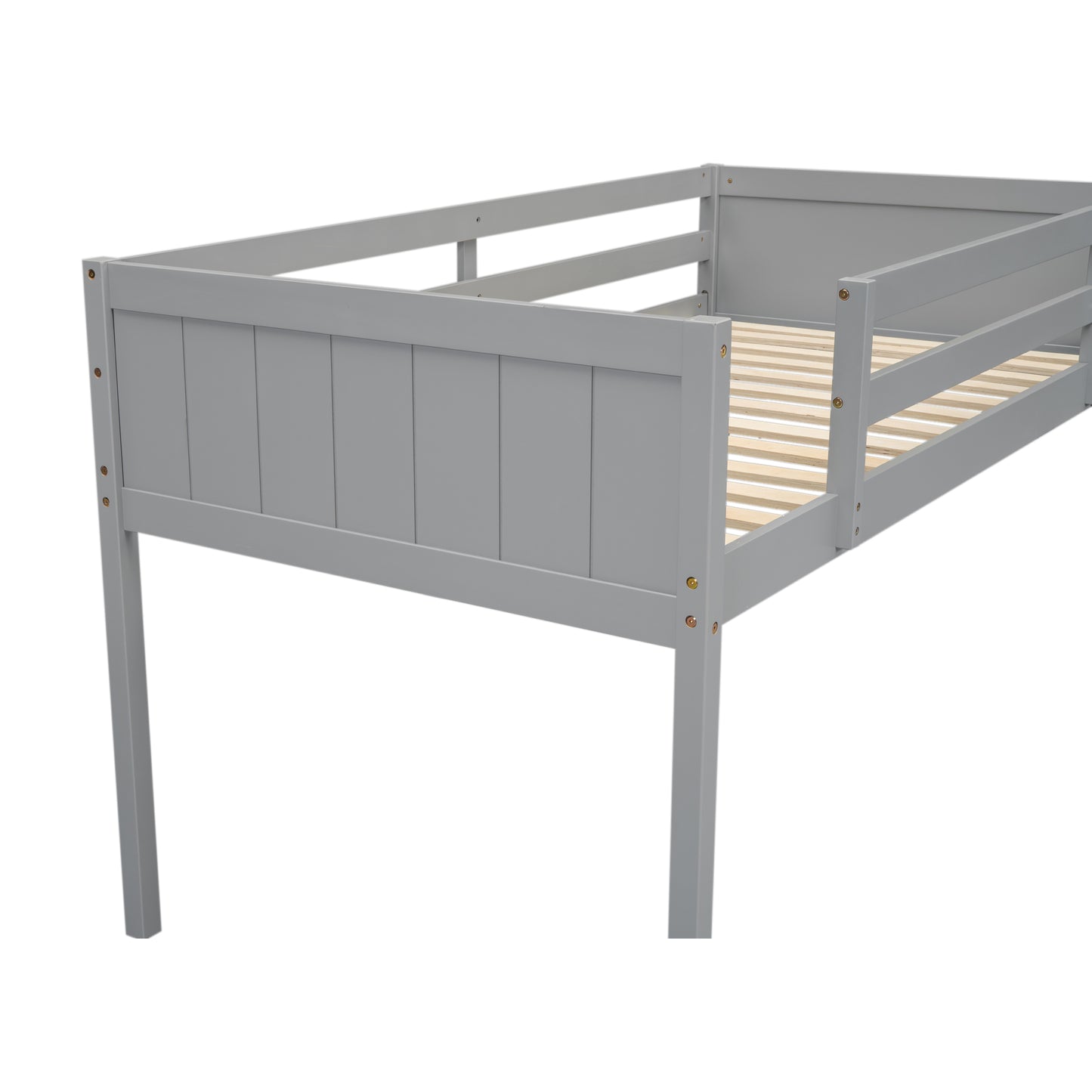 Gray wooden toddler bed frame with slatted base