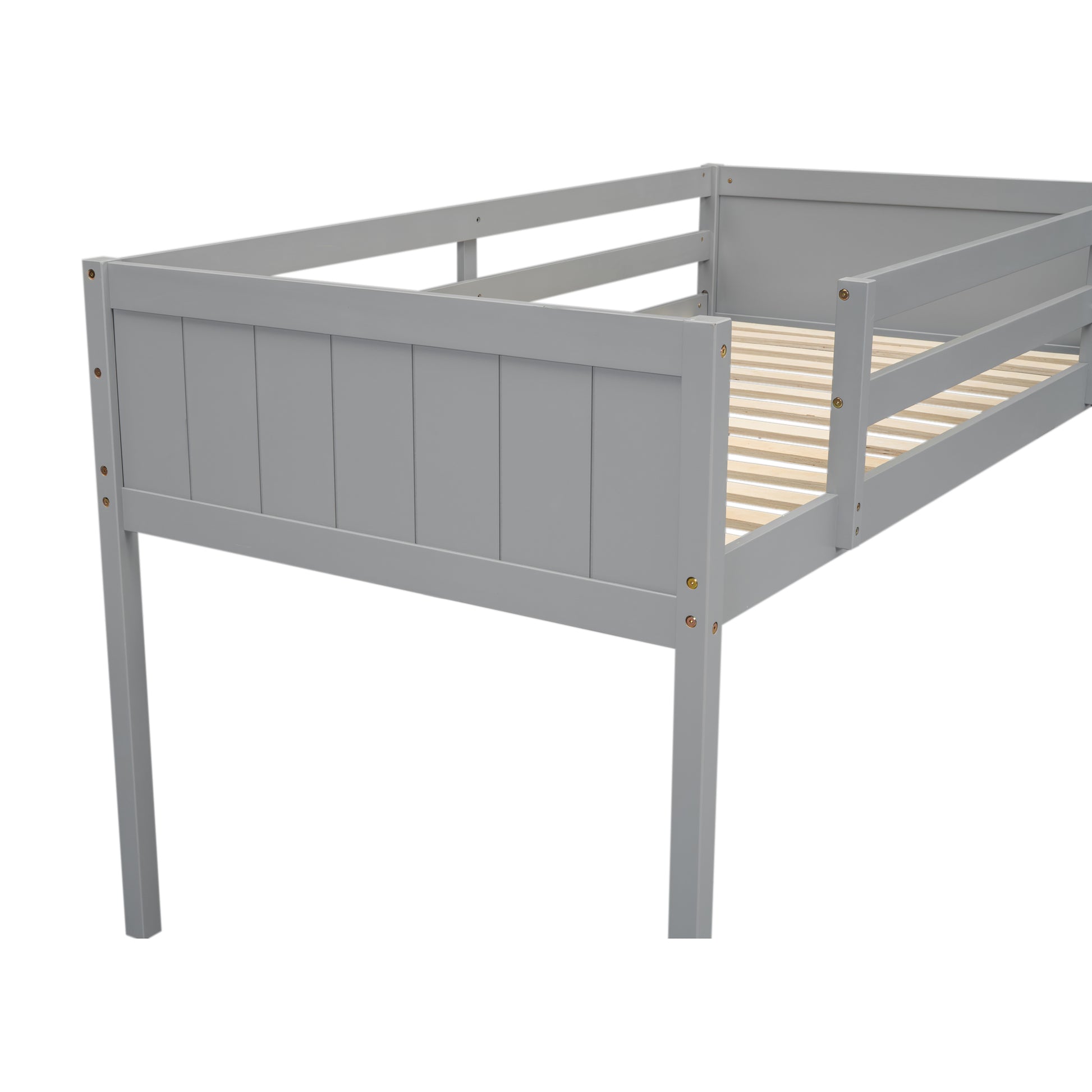 Gray wooden toddler bed frame with slatted base