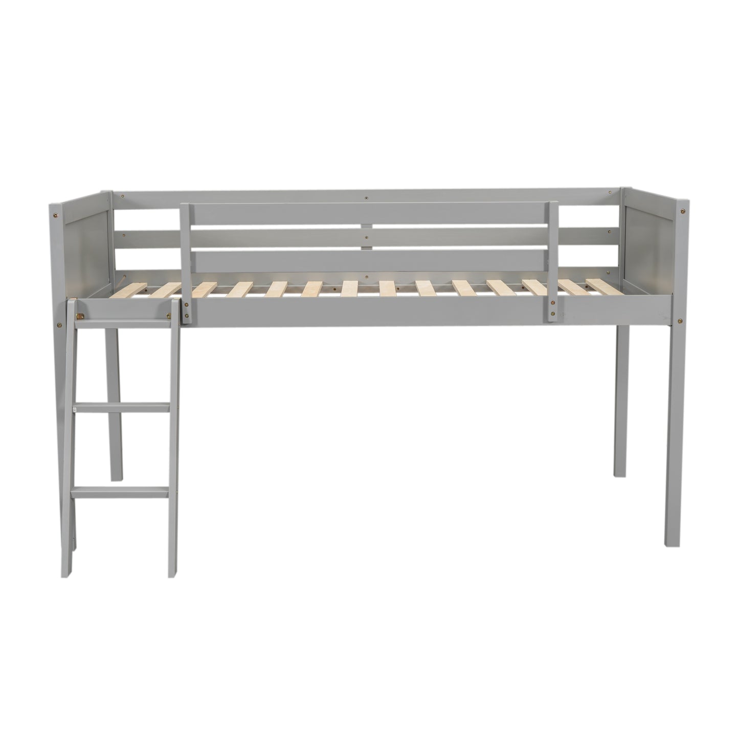 Gray wooden loft bed with ladder for kids