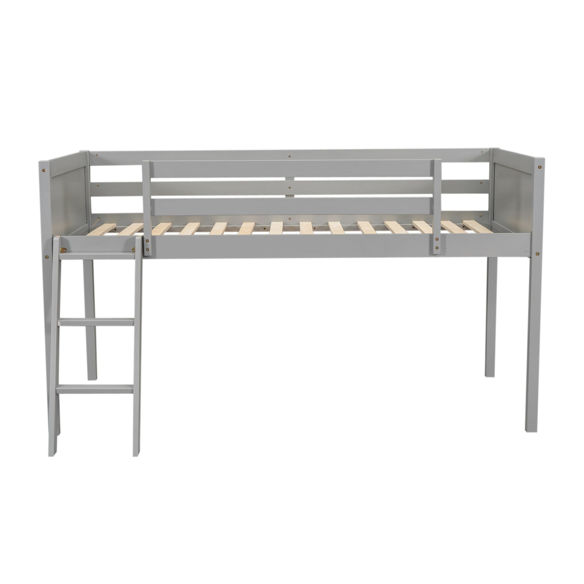 Gray wooden loft bed with ladder for kids