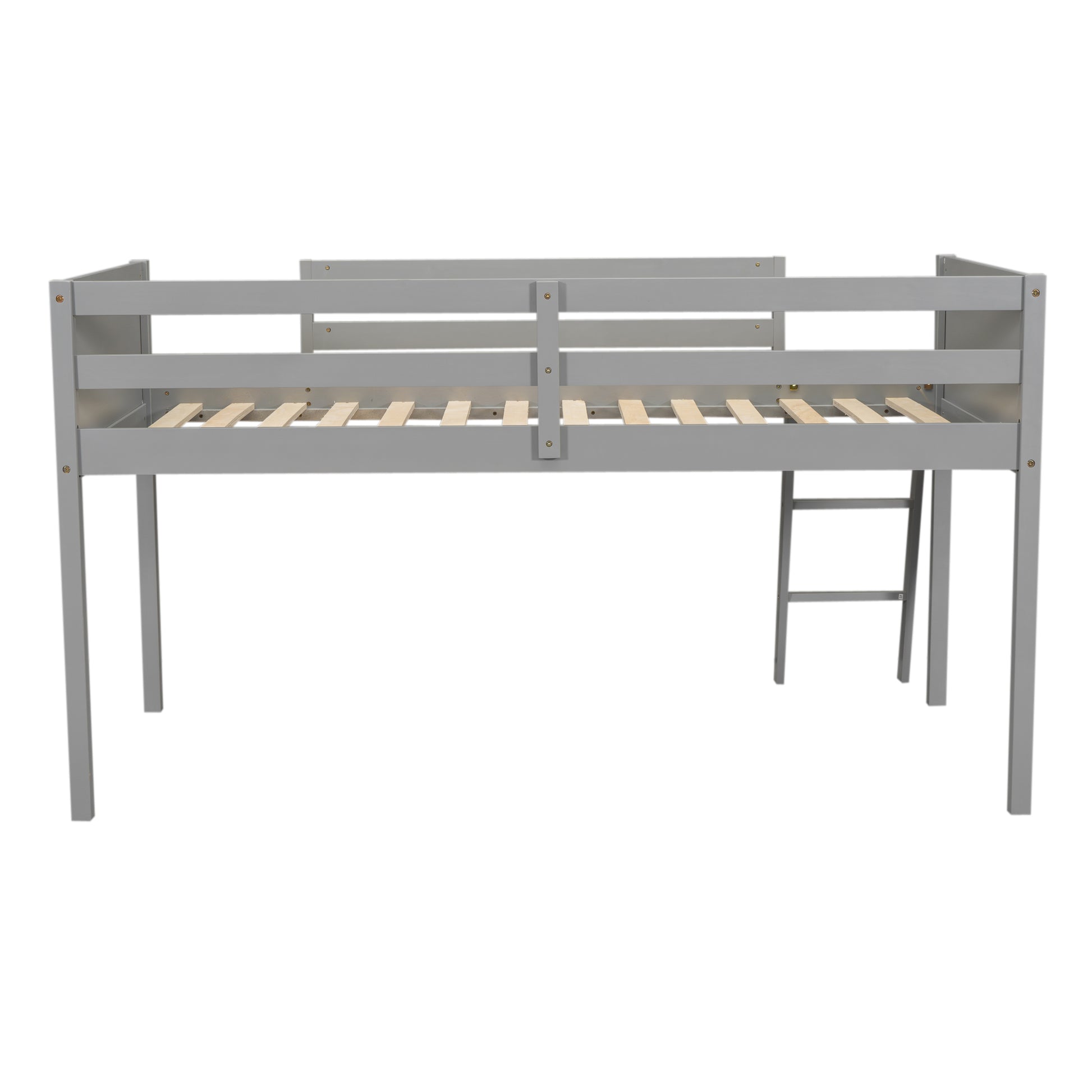 Gray wooden loft bed frame with ladder  characters