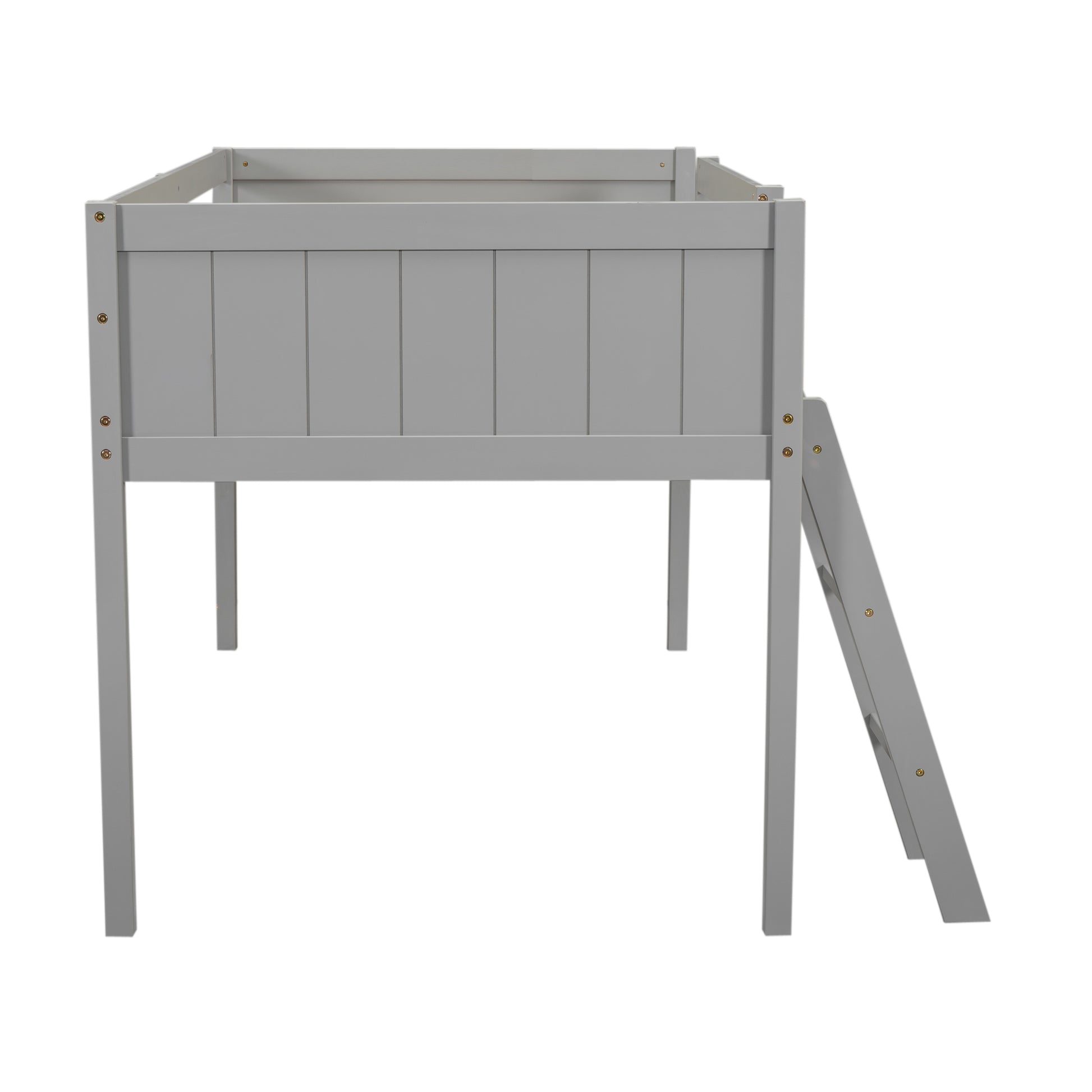 Gray wooden loft bed frame with ladder