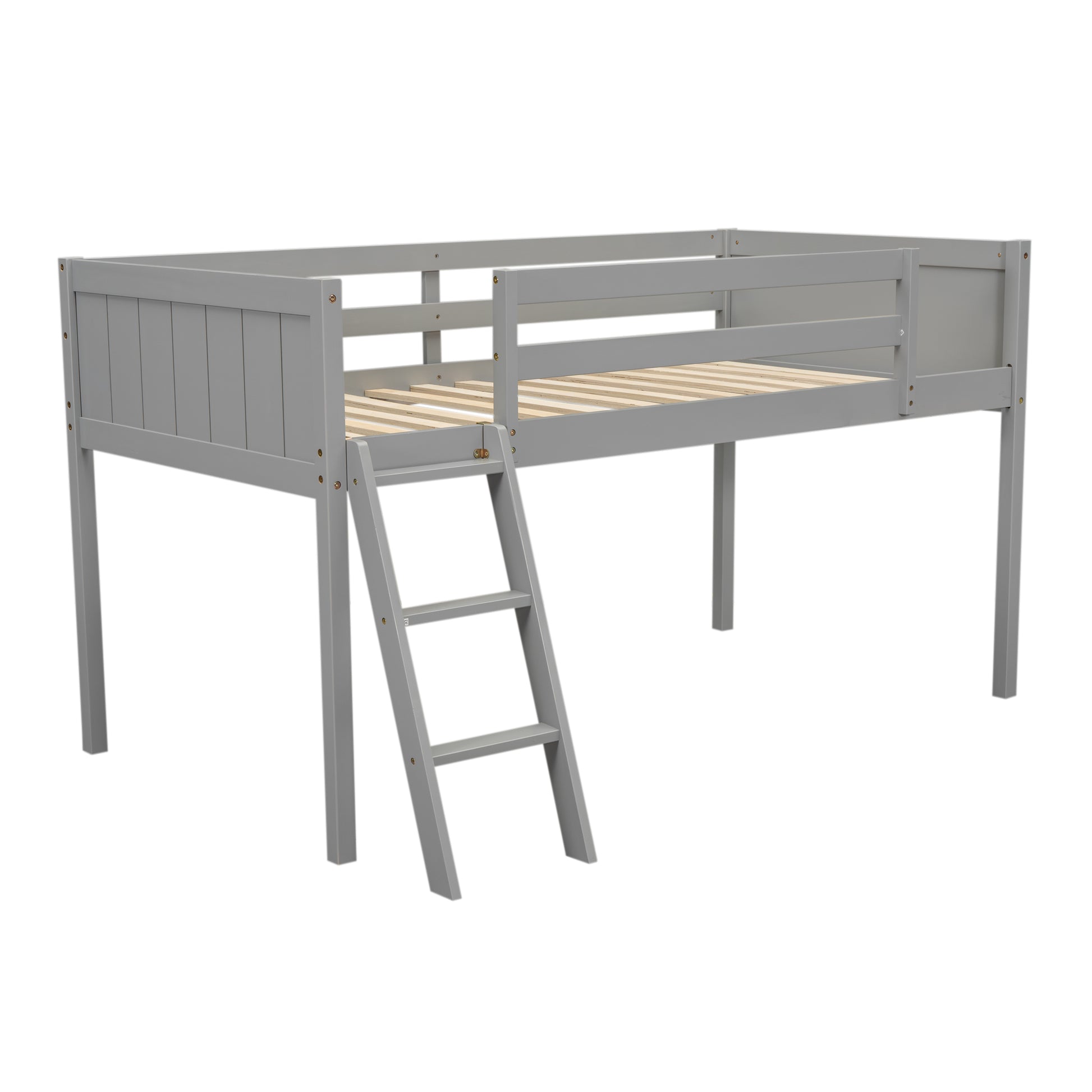 Gray twin loft bed with ladder