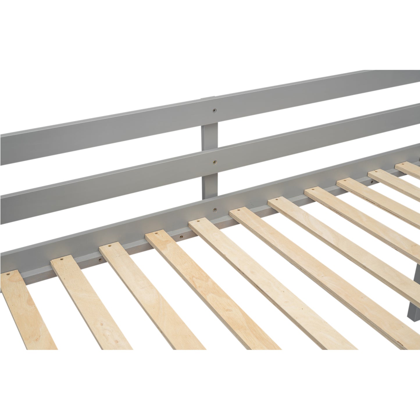 Gray wooden bed frame with slatted base