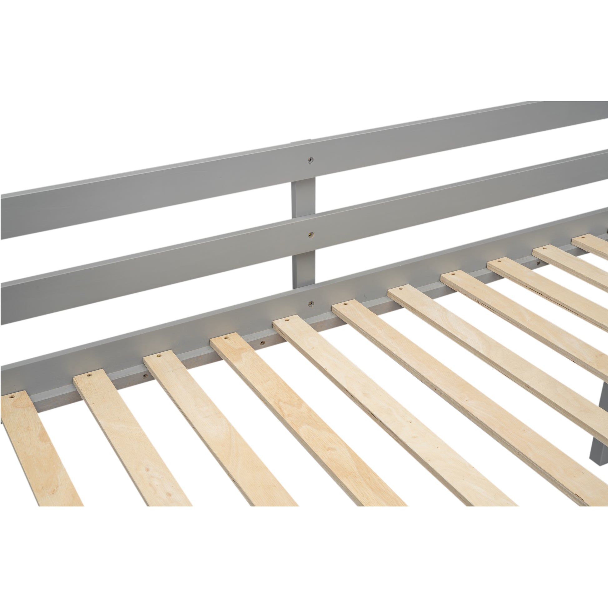 Gray wooden bed frame with slatted base